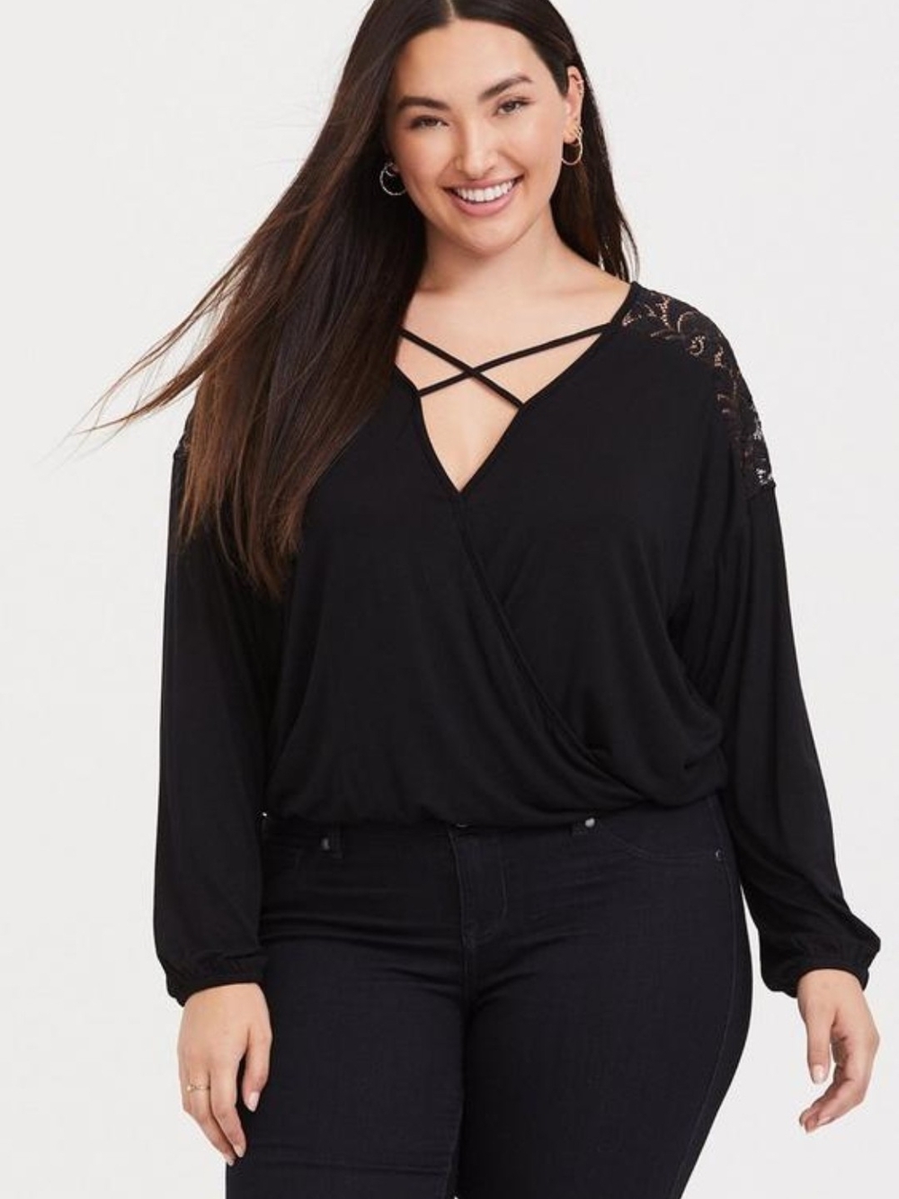 Brand New Torrid Black Lace Shoulder Strappy Surplice Top Size 5